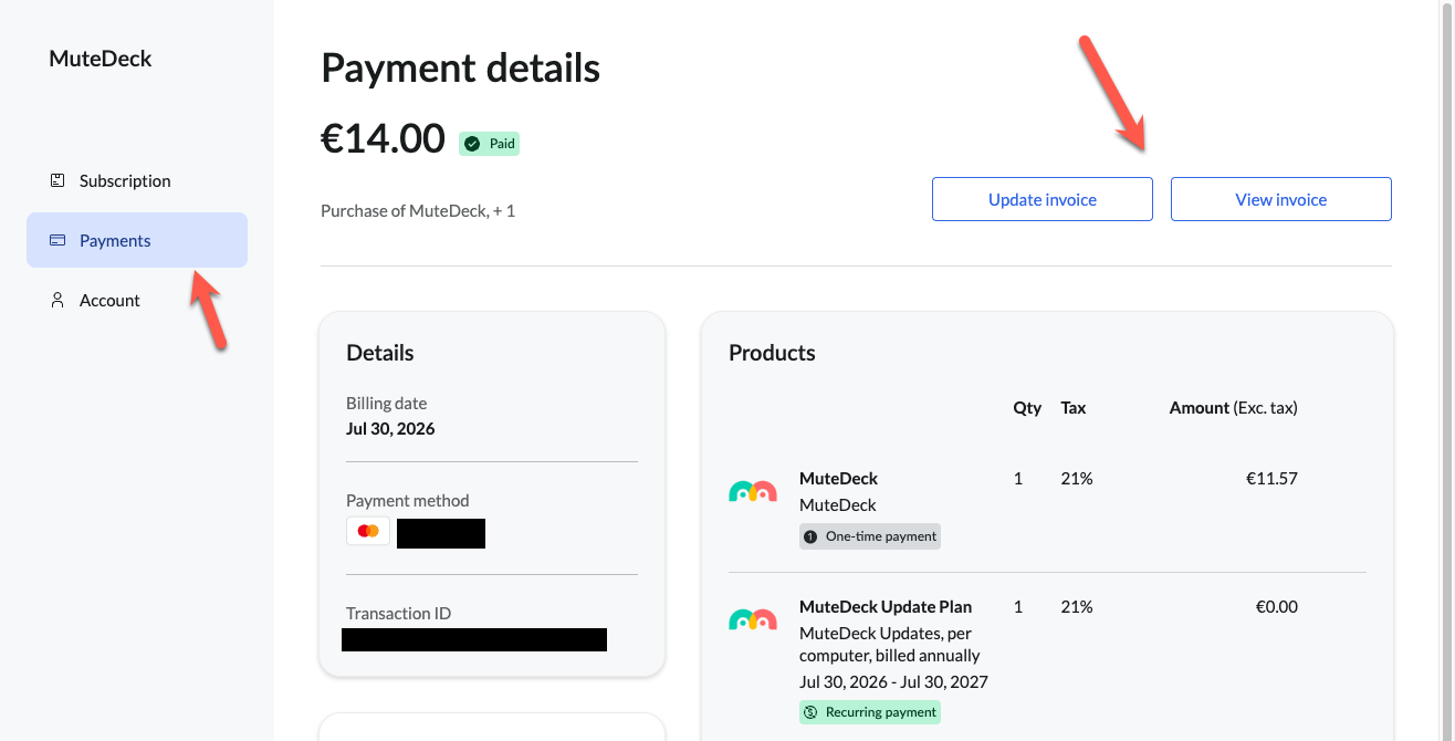 Paddle customer portal screenshot