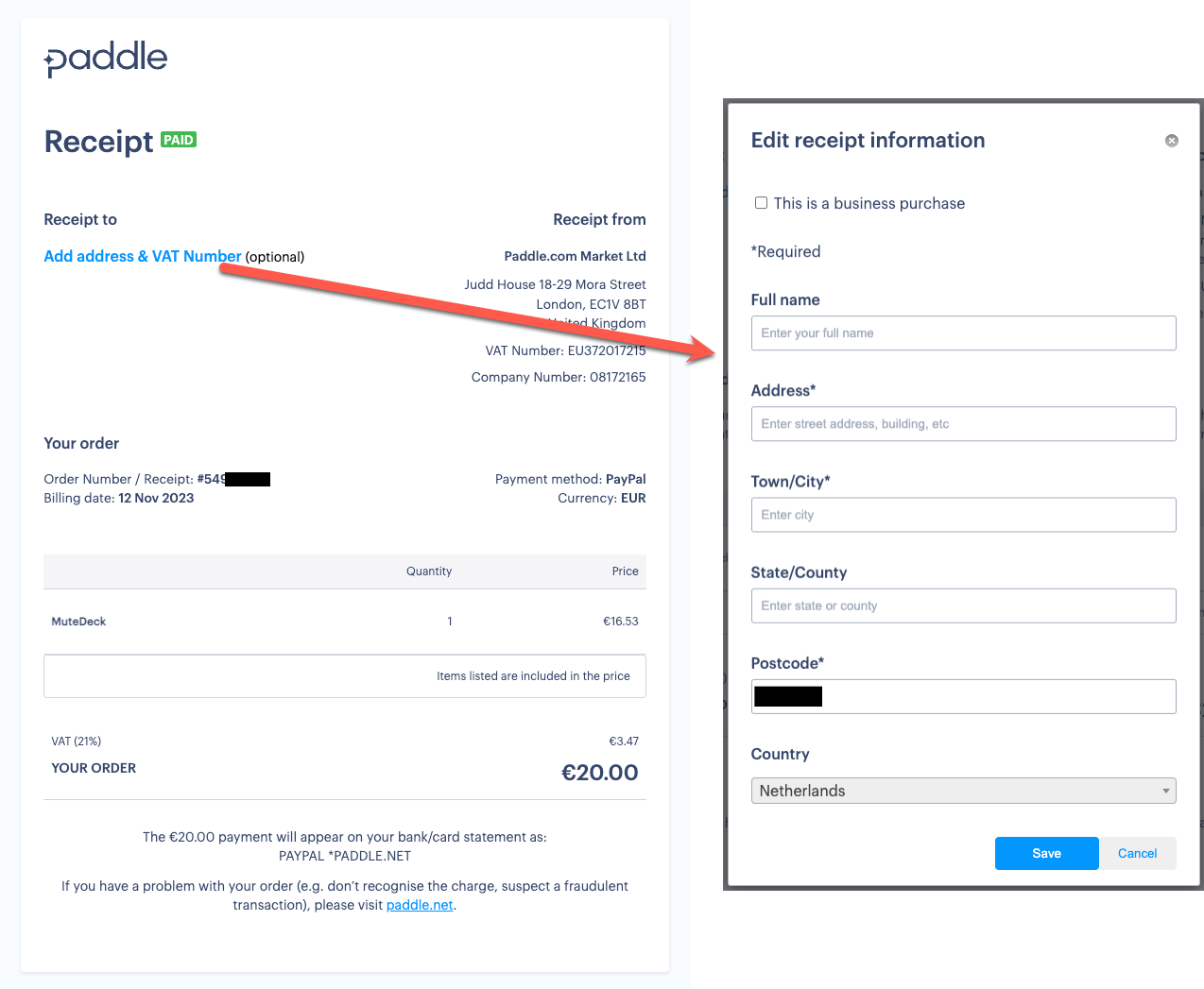 Paddle invoice with VAT