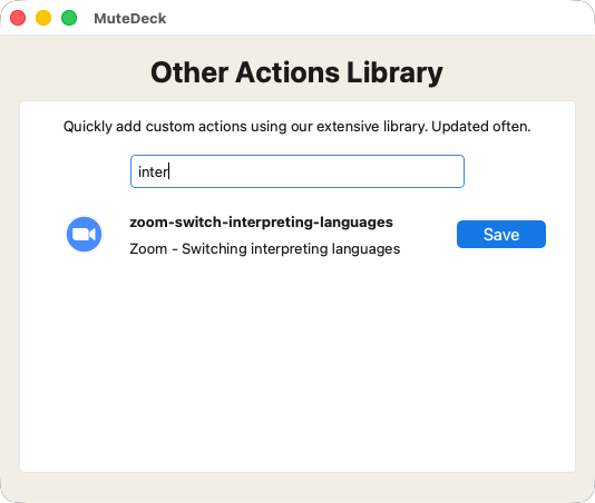 MuteDeck's action library showing the 'Switching interpreting languages' action for Zoom